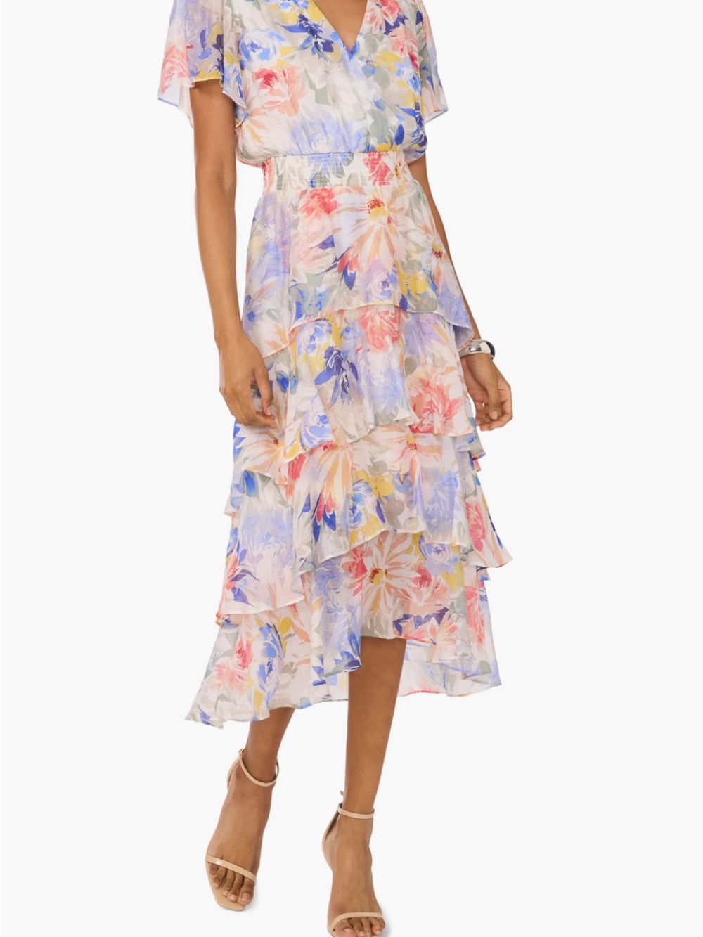 Floral Tiered Midi Dress in Pastel Multi